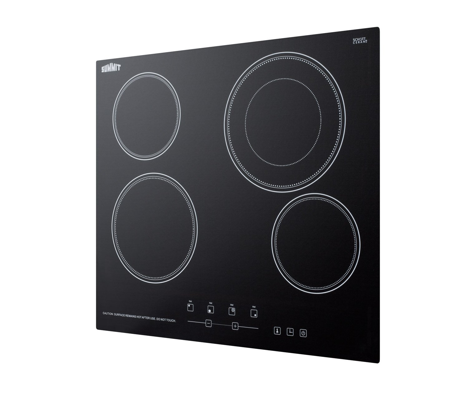 230V 4-burner cooktop in black ceramic Schott glass with digital touch controls and an extra large 8